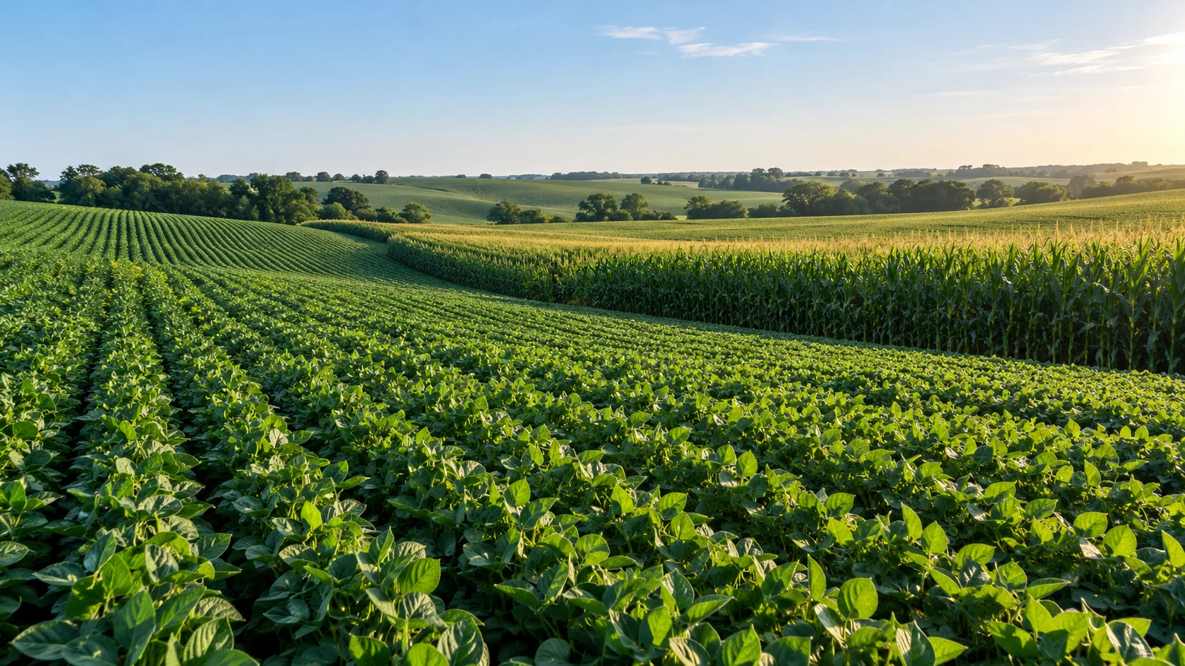 Lush green soybean rows and cornfields across rolling farmland